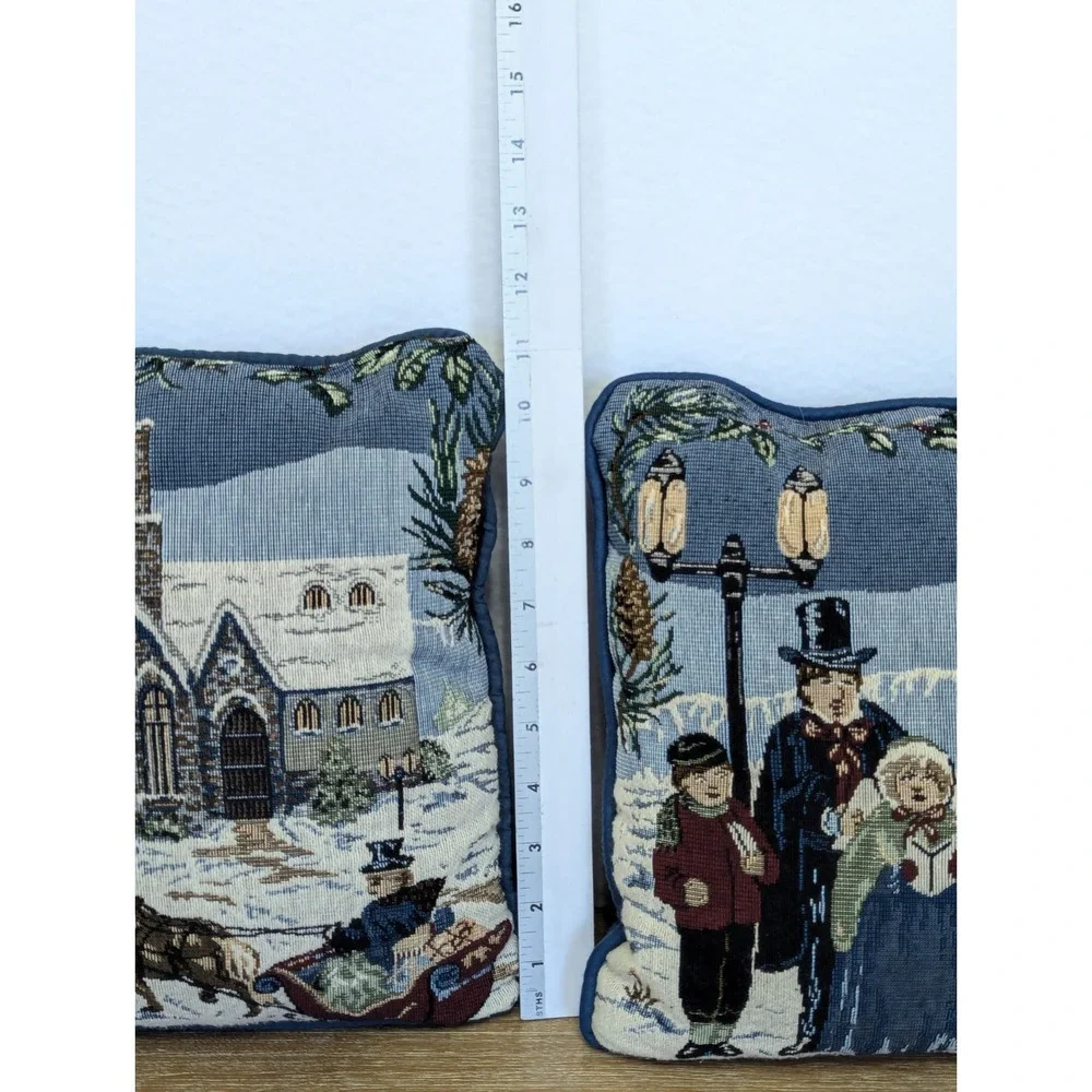 Christmas Snow Scene Tapestry Pillow Set Carolers Church Decor Blue 11x11